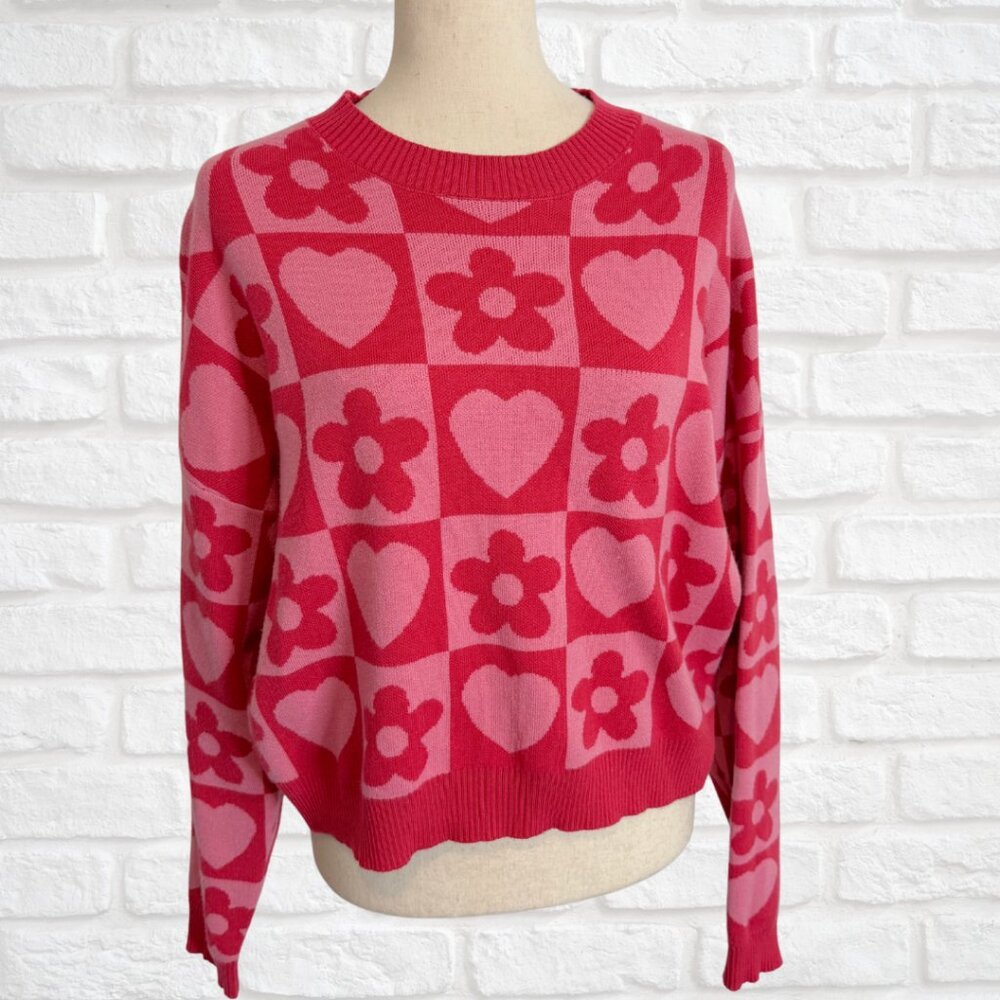 Debut Hot Pink Heart Daisy Print Sweater Valentine's Day Size Large Crewneck